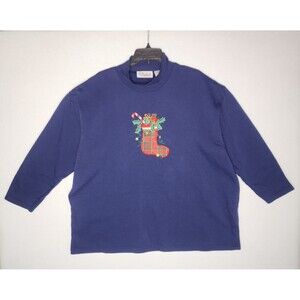 VTG Christmas Sweatshirt Teddy Bear Stocking Grandma Mock Turtleneck Womens 2XL